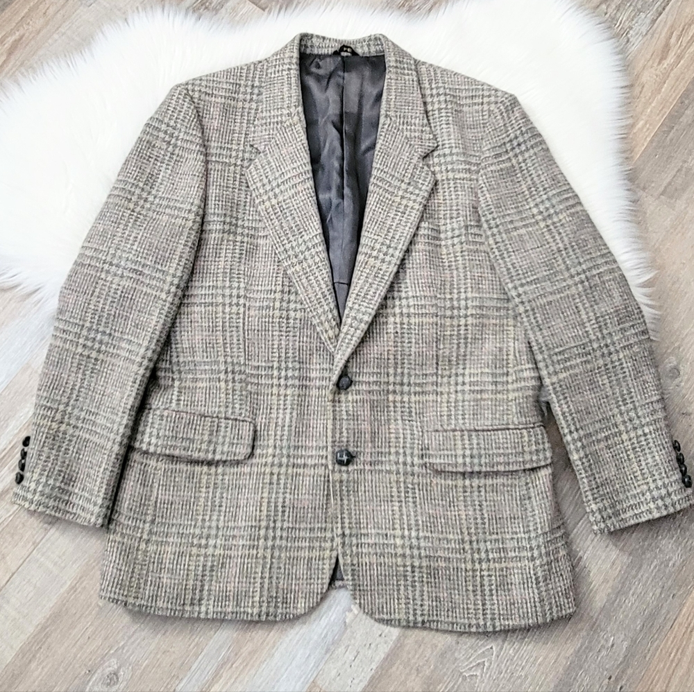 Vintage 70s Oakton Ltd. Gray, Pastel Plaid Wool Blazer Size 42S